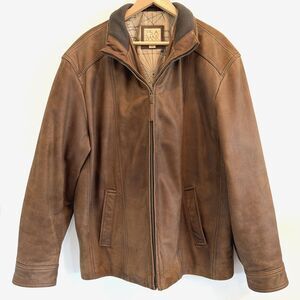 Jos A Bank Men’s Sz XL Brown Genuine Leather Bomber Jacket Map Lining Coat EUC